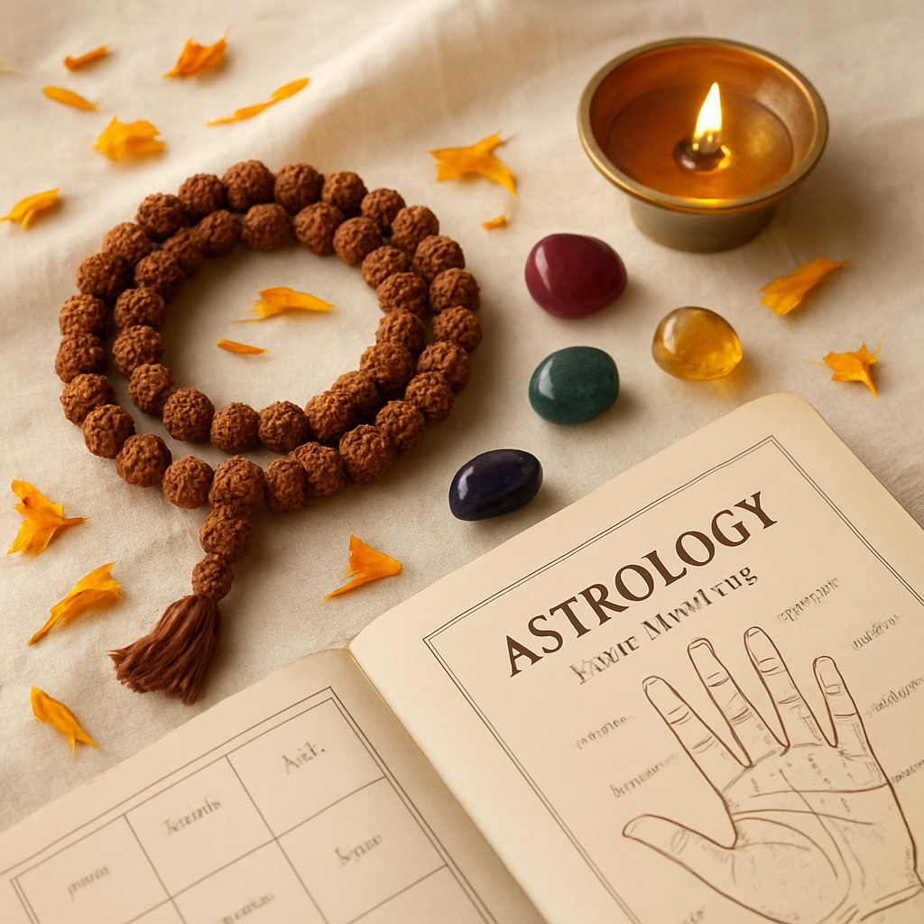 Rudraksha mala, certified gemstones aur diya — Bhavishya Gyan